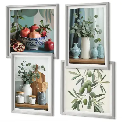 Poster set met lijst groene eucalyptus olijf takken