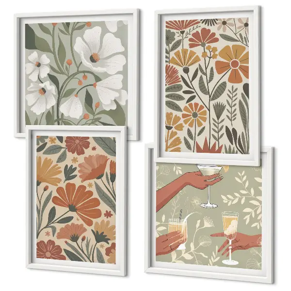 Set van posters met lijst met bloemenpatroon in oranje en groen