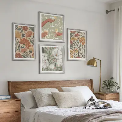 Set van posters met lijst met bloemenpatroon in oranje en groen