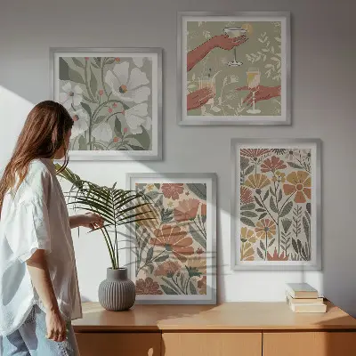 Set van posters met lijst met bloemenpatroon in oranje en groen