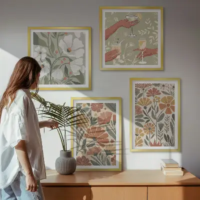 Set van posters met lijst met bloemenpatroon in oranje en groen