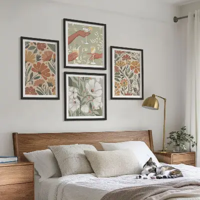 Set van posters met lijst met bloemenpatroon in oranje en groen