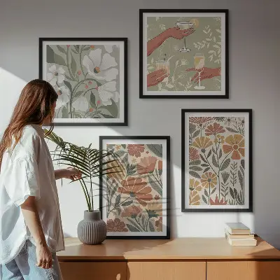 Set van posters met lijst met bloemenpatroon in oranje en groen