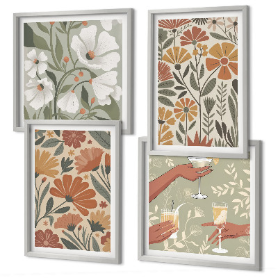 Set van posters met lijst Bloemenpatronen oranje groen