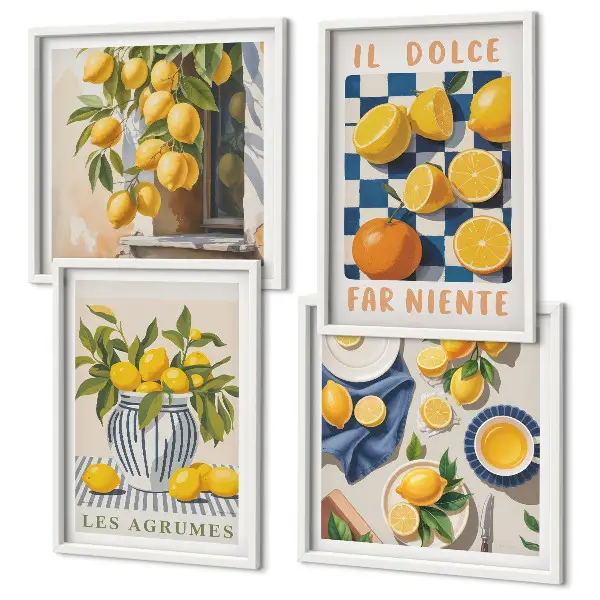 Set van posters met lijst met retro gele citrusvruchten