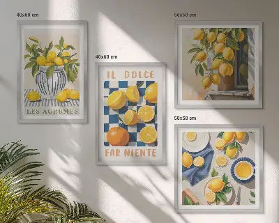 Set van posters met lijst met retro gele citrusvruchten