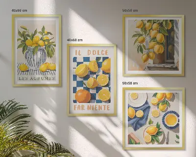 Set van posters met lijst met retro gele citrusvruchten