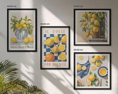 Set van posters met lijst met retro gele citrusvruchten