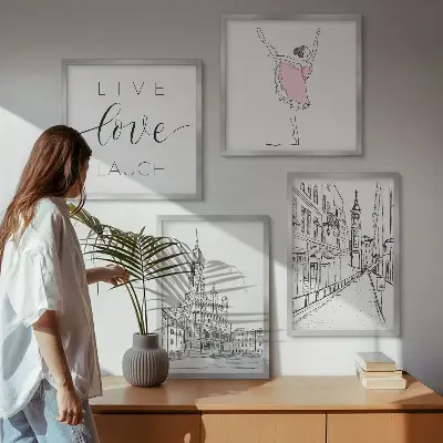 Set posters met lijst stijlvolle grafische vormgeving van ballerina en architectuur