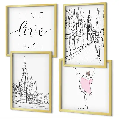 Set posters met lijst stijlvolle grafische vormgeving van ballerina en architectuur
