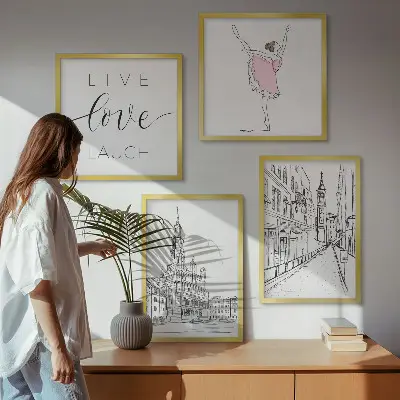 Set posters met lijst stijlvolle grafische vormgeving van ballerina en architectuur