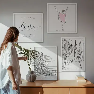 Set posters met lijst stijlvolle grafische vormgeving van ballerina en architectuur