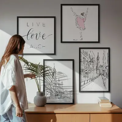 Set posters met lijst stijlvolle grafische vormgeving van ballerina en architectuur