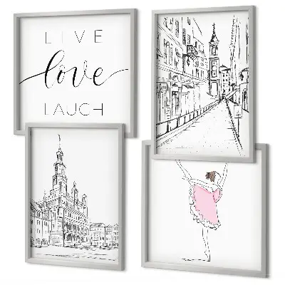 Set posters met lijst stijlvolle grafische vormgeving van ballerina en architectuur