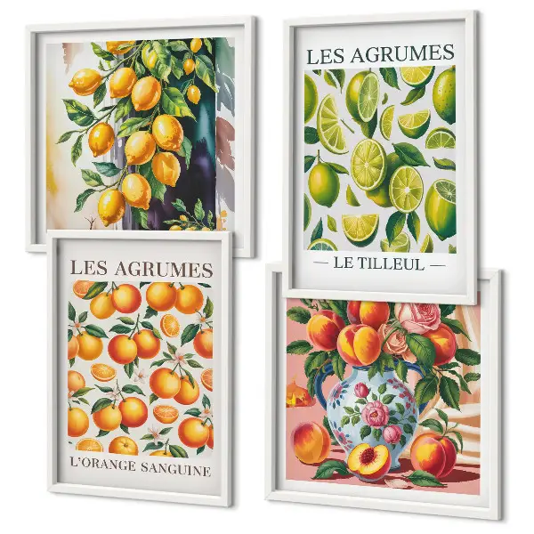 Set posters met lijst met verse kleurrijke citrusvruchten
