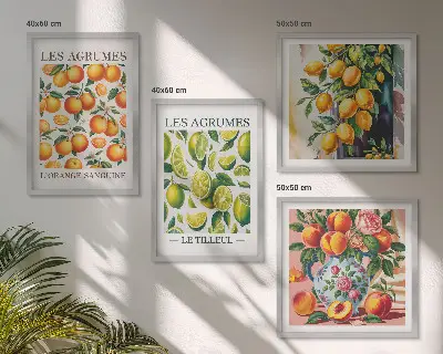Set posters met lijst met verse kleurrijke citrusvruchten