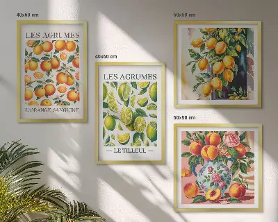 Set posters met lijst met verse kleurrijke citrusvruchten