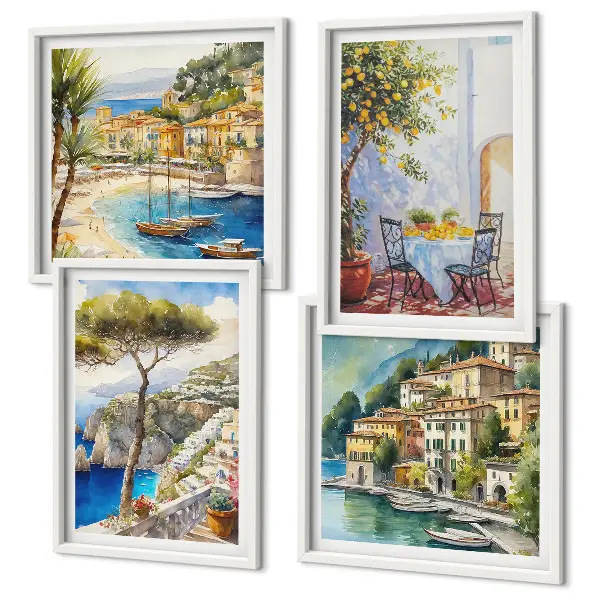 Set van posters met lijst met aquareltekeningen van Italiaanse stadjes