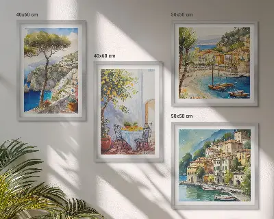 Set van posters met lijst met aquareltekeningen van Italiaanse stadjes
