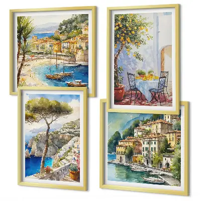 Set van posters met lijst met aquareltekeningen van Italiaanse stadjes