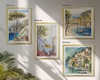 Set van posters met lijst met aquareltekeningen van Italiaanse stadjes