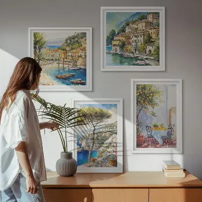 Set van posters met lijst met aquareltekeningen van Italiaanse stadjes