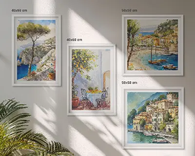 Set van posters met lijst met aquareltekeningen van Italiaanse stadjes