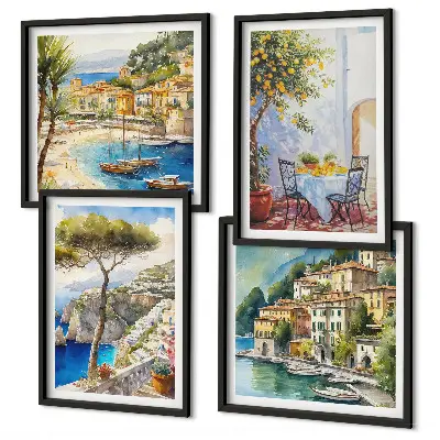 Set van posters met lijst met aquareltekeningen van Italiaanse stadjes