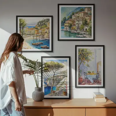 Set van posters met lijst met aquareltekeningen van Italiaanse stadjes