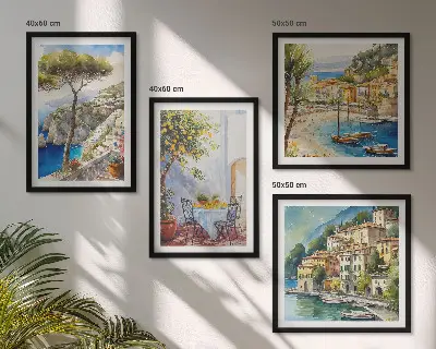 Set van posters met lijst met aquareltekeningen van Italiaanse stadjes