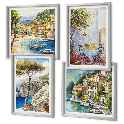 Set van posters met lijst met aquareltekeningen van Italiaanse stadjes