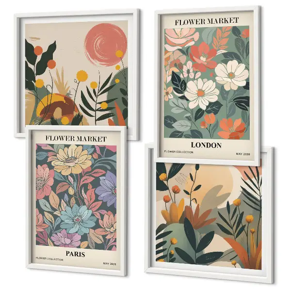 Set van bloemenposters Parijs en Londen inclusief lijst