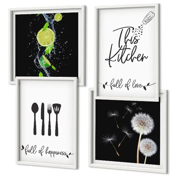 Keukenwanddecoratie met paardenbloemen en limoen inscriptie meerluik in lijst