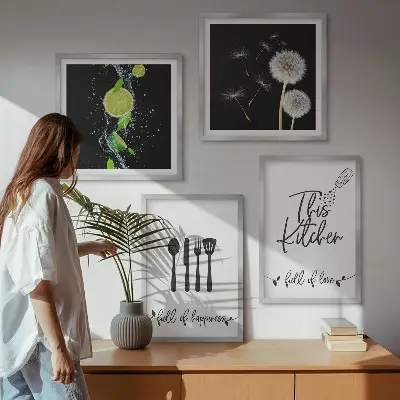 Keukenwanddecoratie met paardenbloemen en limoen inscriptie meerluik in lijst