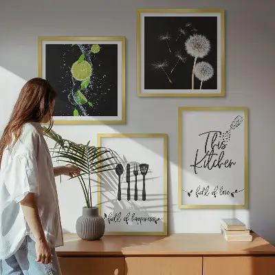 Keukenwanddecoratie met paardenbloemen en limoen inscriptie meerluik in lijst
