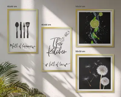 Keukenwanddecoratie met paardenbloemen en limoen inscriptie meerluik in lijst