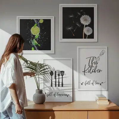 Keukenwanddecoratie met paardenbloemen en limoen inscriptie meerluik in lijst