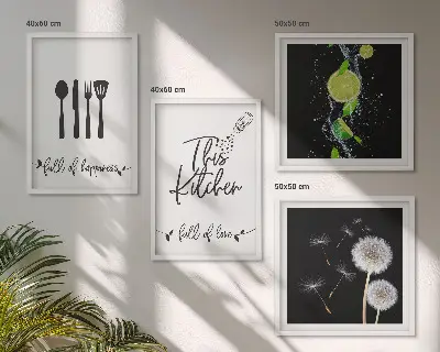 Keukenwanddecoratie met paardenbloemen en limoen inscriptie meerluik in lijst