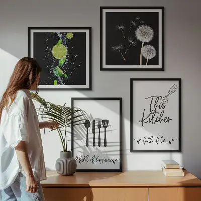 Keukenwanddecoratie met paardenbloemen en limoen inscriptie meerluik in lijst