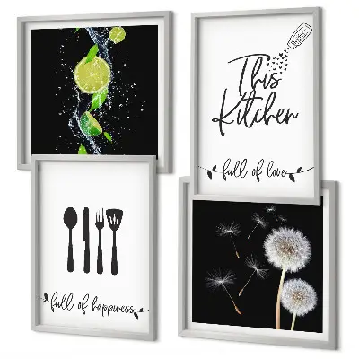 Keukenwanddecoratie met paardenbloemen en limoen inscriptie meerluik in lijst