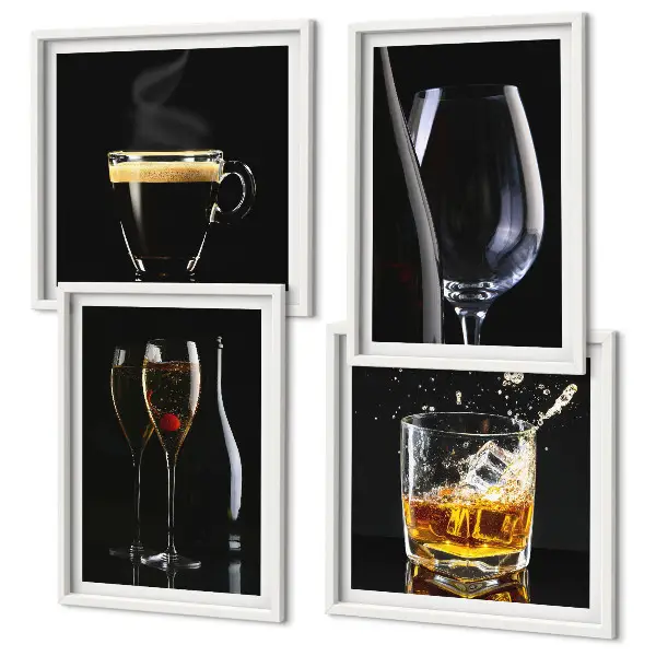 Set van posters met lijst met afbeeldingen van whisky, wijn, champagne en koffie