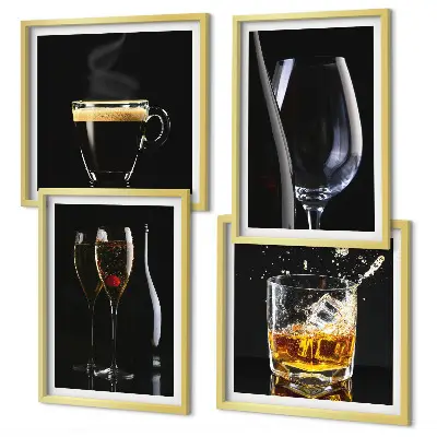 Set van posters met lijst met afbeeldingen van whisky, wijn, champagne en koffie