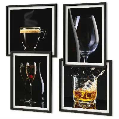 Set van posters met lijst met afbeeldingen van whisky, wijn, champagne en koffie