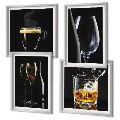 Set van posters met lijst met afbeeldingen van whisky, wijn, champagne en koffie