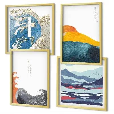 Golven Japanse kunstgrafiek set van posters met lijst