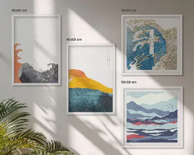 Golven Japanse kunstgrafiek set van posters met lijst