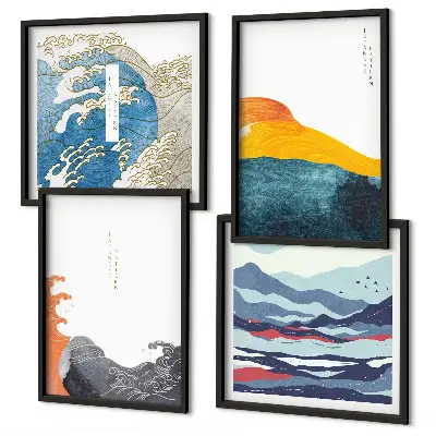 Golven Japanse kunstgrafiek set van posters met lijst