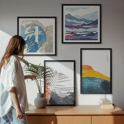 Golven Japanse kunstgrafiek set van posters met lijst
