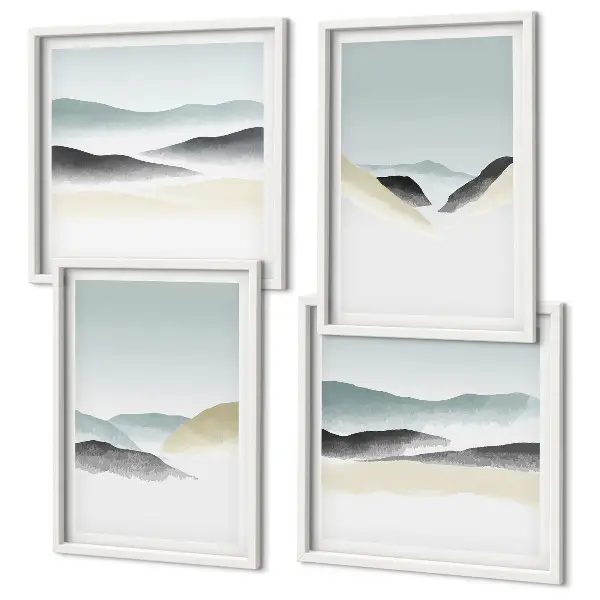 Minimalistische pastelkleuren van bergen meerluik in lijst