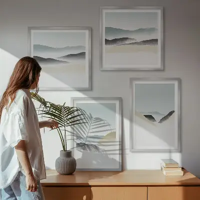 Minimalistische pastelkleuren van bergen meerluik in lijst
